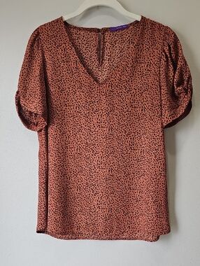 West Kei Rust Leopard V-Neck Puff Sleeve Blouse